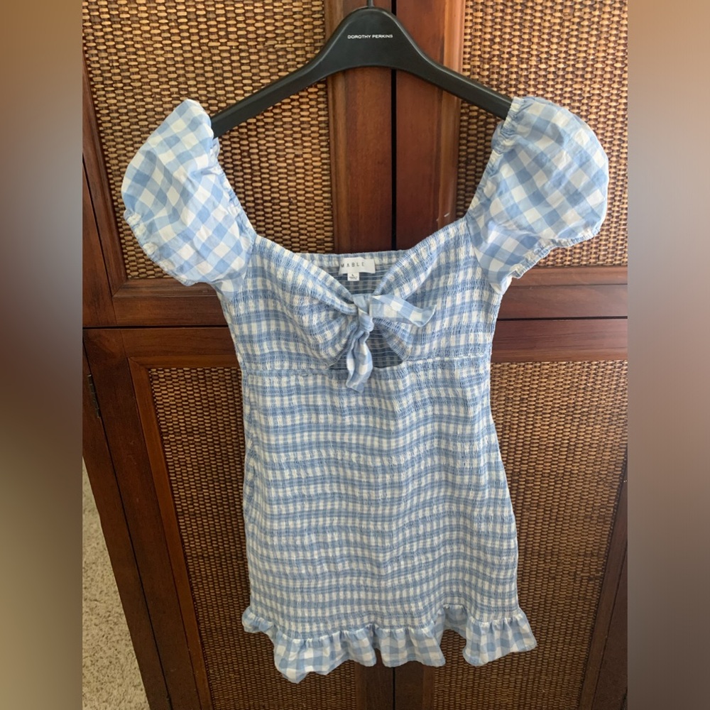 Mable Zayne Blue Gingham Smocked Mini Dress Size Large Tie Front